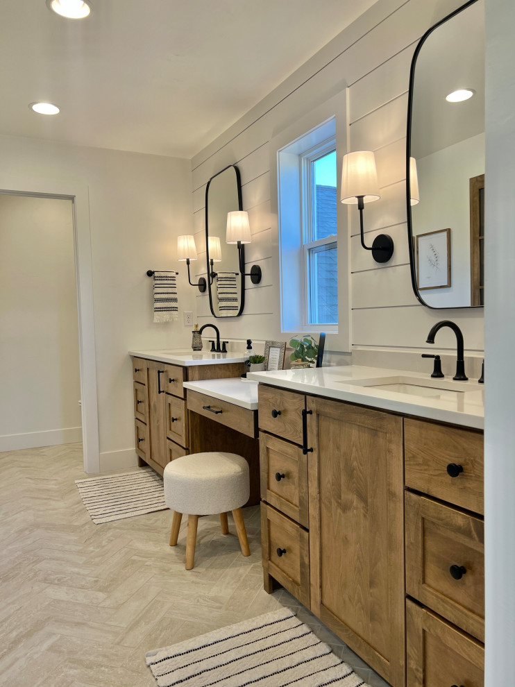 This is an example of a large bathroom in Other with white walls, a pedestal sink, beige floor, white benchtops, an enclosed toilet, a double vanity, a one-piece toilet and ceramic floors.