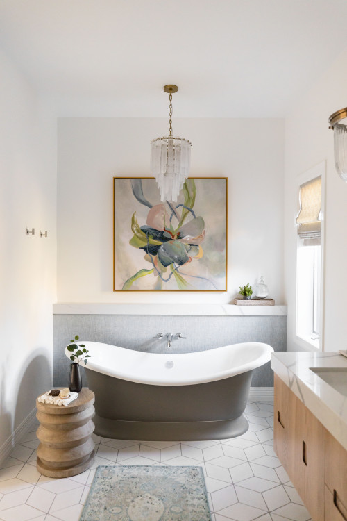 Gray Freestanding Tub: Enhance Your Bathroom with Abstract Painting for Bathroom Art Ideas