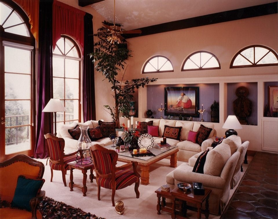 Inspiration for an expansive country formal open concept living room in Orange County with orange walls, terra-cotta floors and multi-coloured floor.