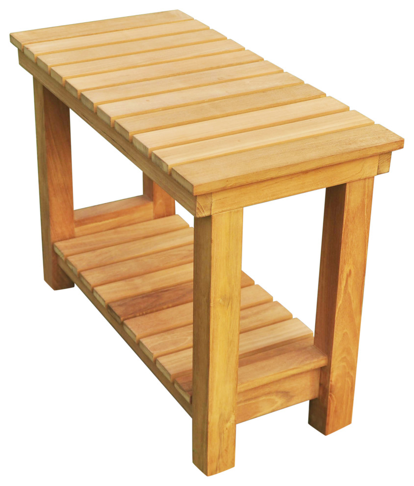 24" Outdoor Teak Patio Busselton Shower Bench With Bottom Shelf, Large