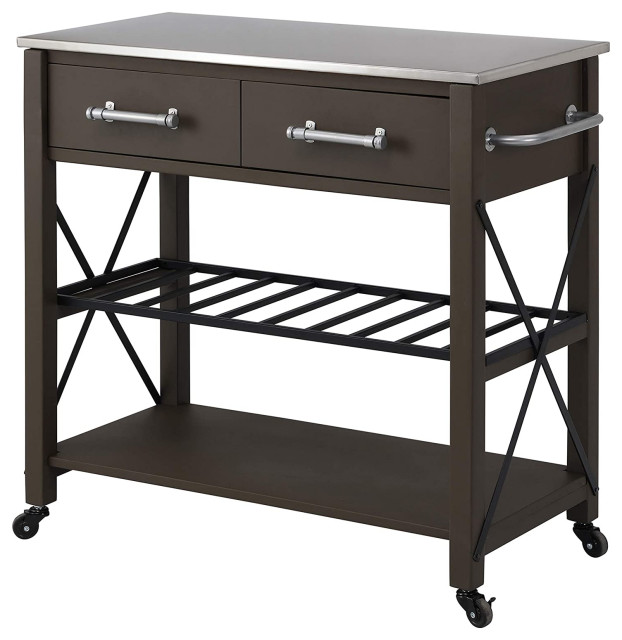 Farmhouse Kitchen Cart 2 Drawers And Slatted Shelf Elegant Silver Top Transitional Kitchen Islands And Kitchen Carts By Decor Love Houzz