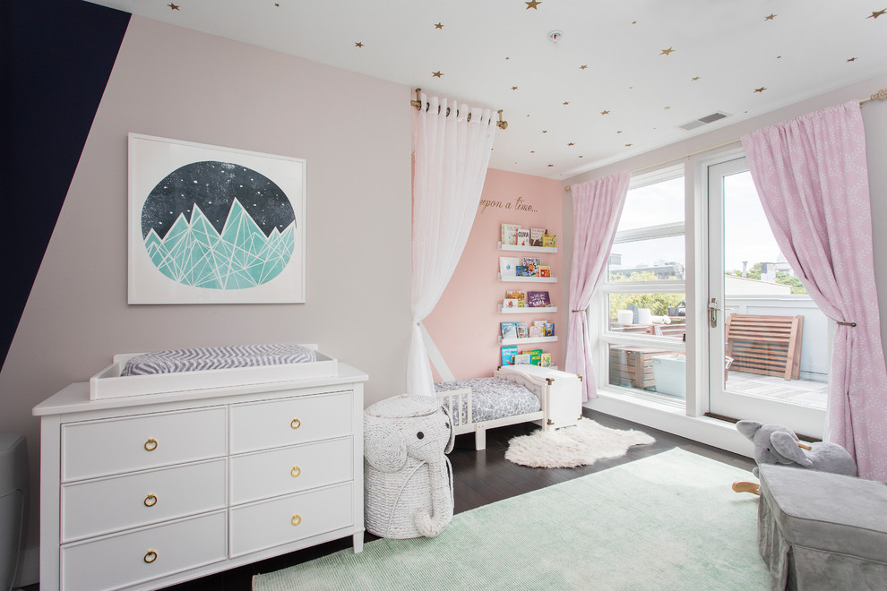 Nursery - mid-sized transitional dark wood floor and brown floor nursery idea in New York with gray walls