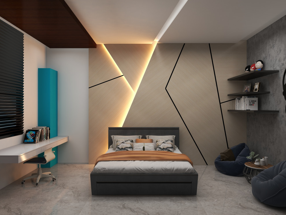 Esempio di una camera da letto minimalista di medie dimensioni con pareti beige, pavimento in gres porcellanato, pavimento beige, soffitto a volta e pannellatura