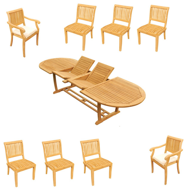9Piece Outdoor Teak Dining Set 94" Masc Oval Extn Table, 8 Arbor