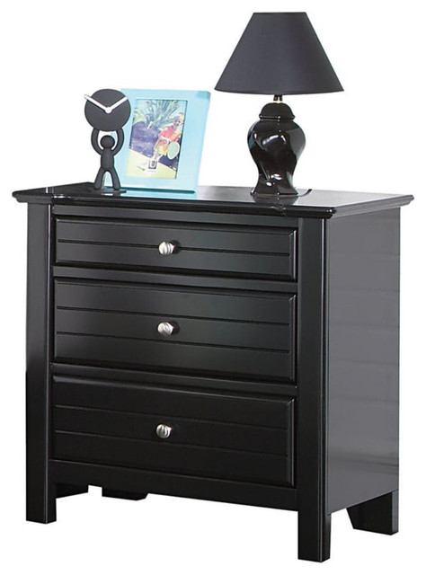 Three Drawer Nightstand With Silver Metal Pull Out Knobs, Black