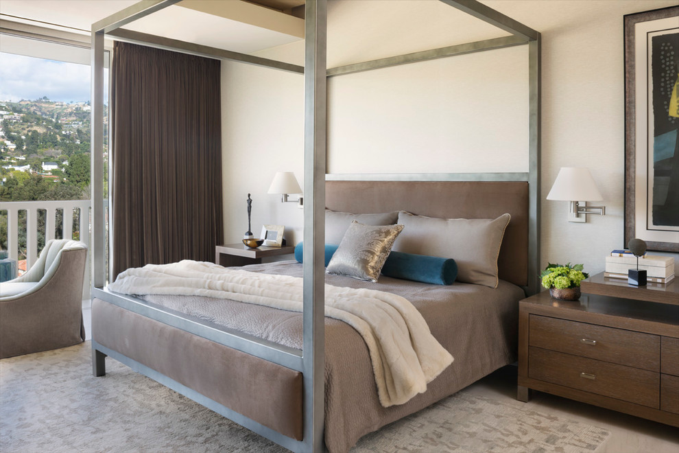 Design ideas for a mid-sized transitional master bedroom in Orange County with porcelain floors, no fireplace and beige walls.