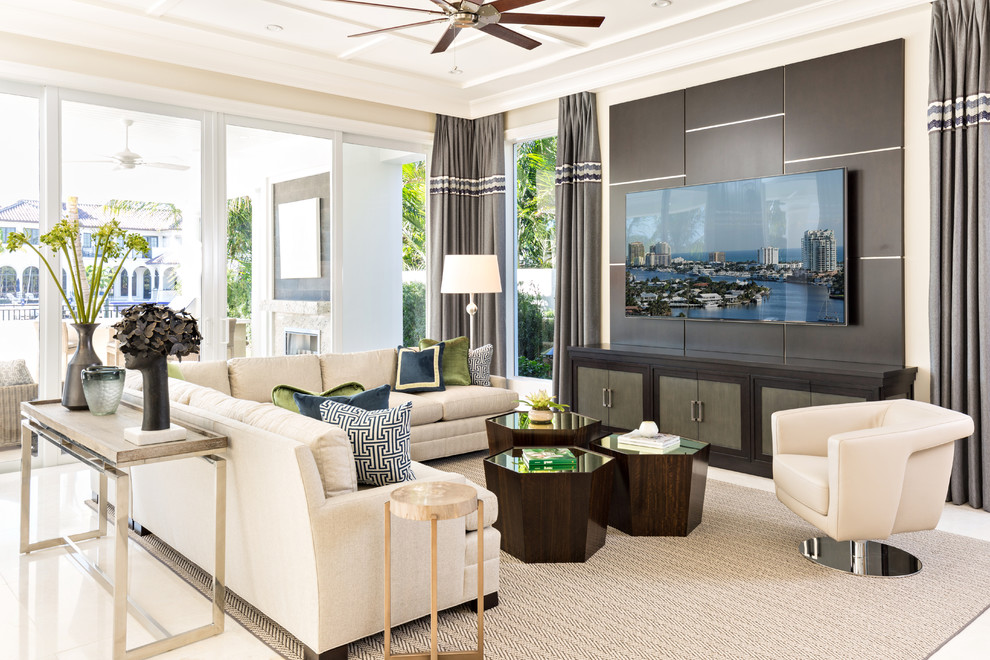 Design ideas for an expansive transitional family room in Miami.