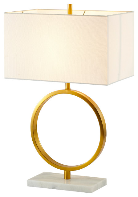 White Box Shade Table Lamp With Gold Frame and White Marble Base