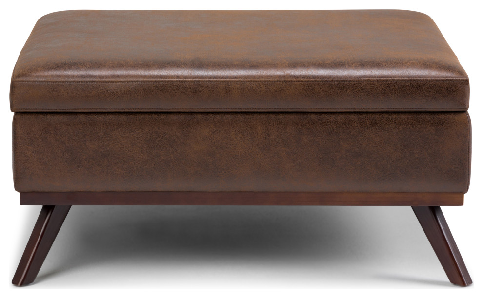 Square Coffee Table Storage Ottoman, Distressed Chestnut Brown Faux Air