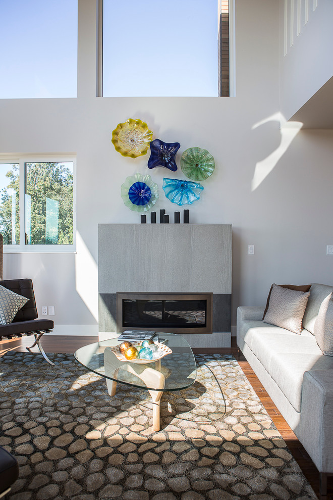 Living room - contemporary living room idea in Seattle with a ribbon fireplace