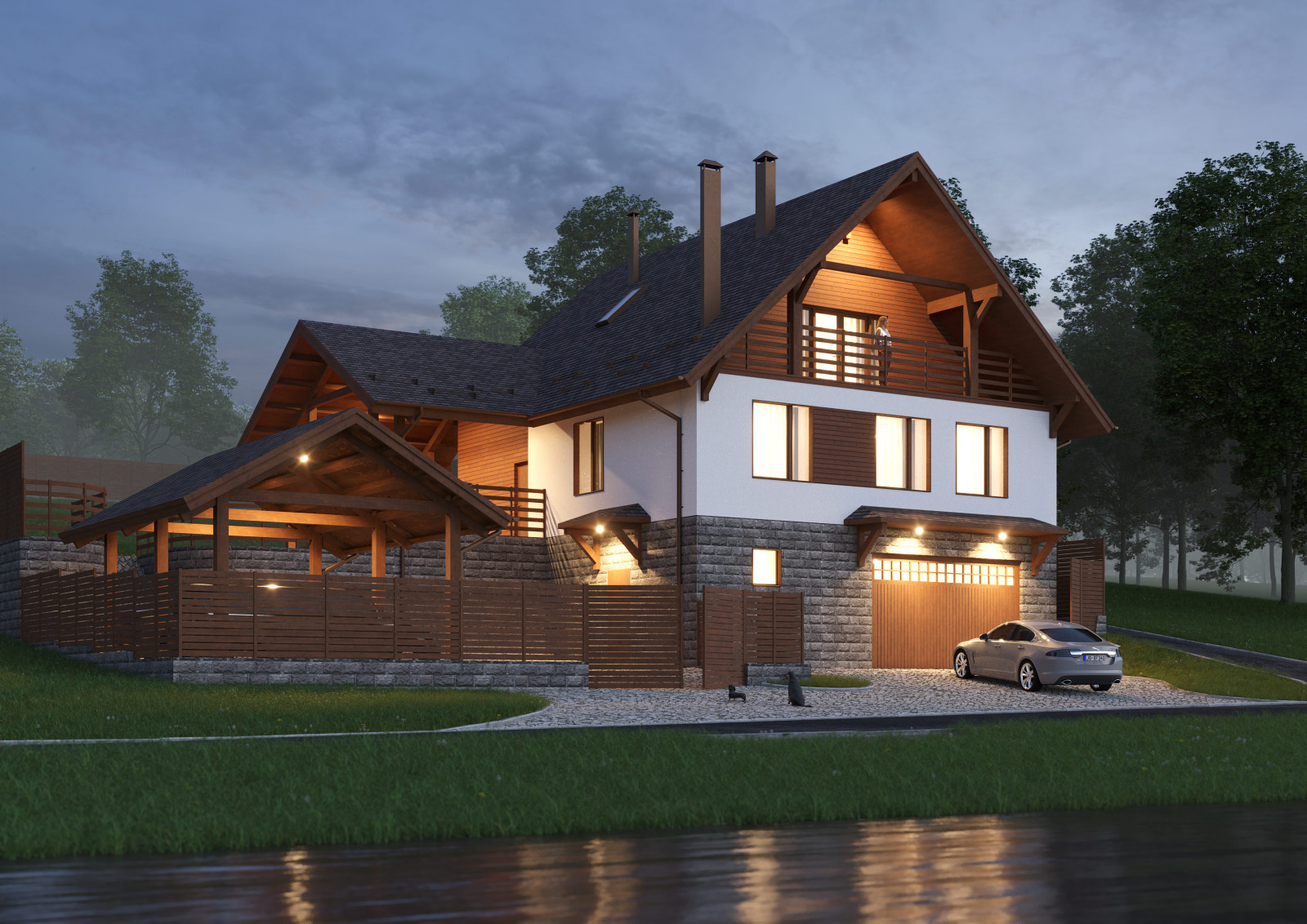 Проект 3-этажного 5-комнатного мансардного дома в стиле шале