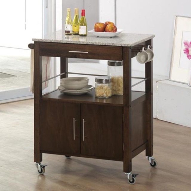 Sunset Trading Vancouver Kitchen Cart - Espresso with Brown Marble Dark Brown -