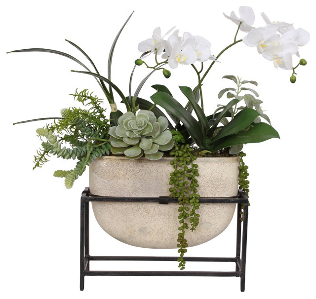 White Phalaenopsis Orchids, Greenery in Ceramic Vase with Metal Holder