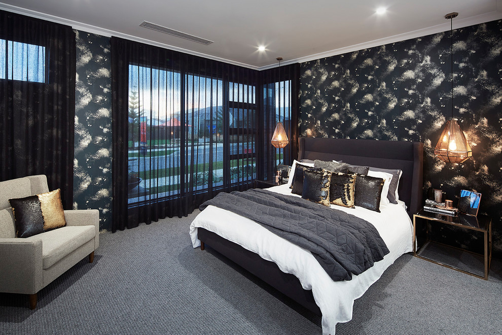 Photo of a contemporary master bedroom in Perth with black walls, carpet and grey floor.