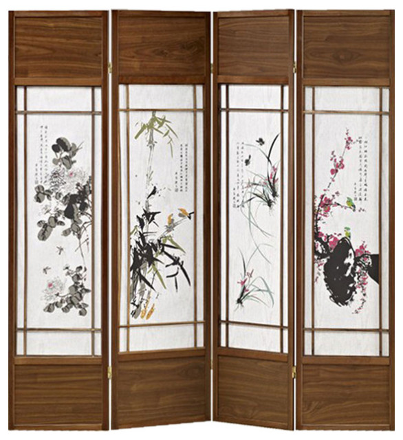 Asian Paintings 4 Panel Room Divider with Shoji Inserts, White and ...