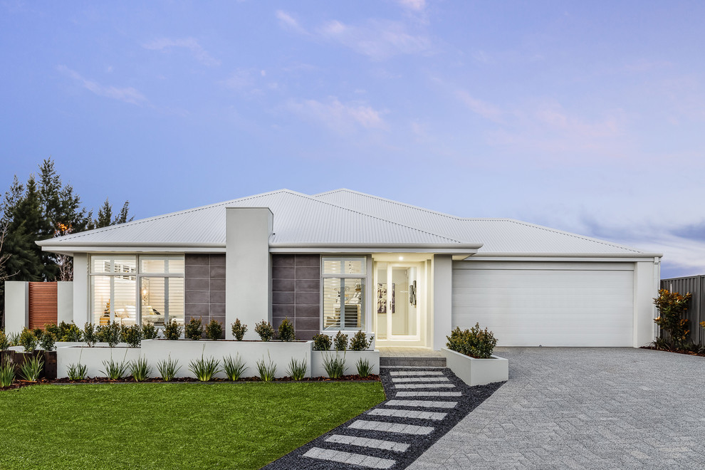 Design ideas for a mid-sized contemporary one-storey grey house exterior in Perth with a metal roof, stone veneer and a gable roof.