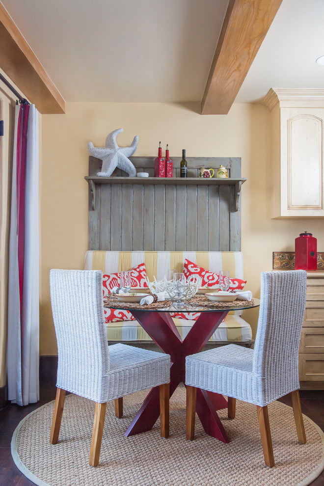 Example of a mid-sized transitional dark wood floor eat-in kitchen design with a drop-in sink, recessed-panel cabinets, light wood cabinets, solid surface countertops, red backsplash, terra-cotta backsplash, stainless steel appliances and an island