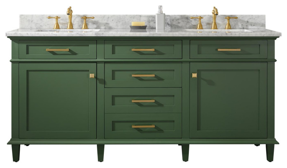 72" Vogue Green Double Single Sink Vanity With Carrara White Top Transitional