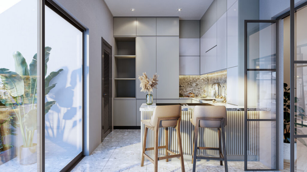 Inspiration for a medium sized contemporary grey and white u-shaped enclosed kitchen in Berlin with a single-bowl sink, grey cabinets, marble worktops, grey splashback, white appliances, marble flooring, no island, grey floors and grey worktops.