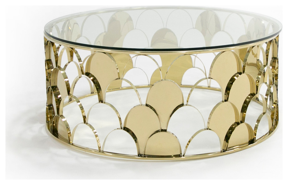 Modrest Javier Modern Glass and Gold Round Coffee Table Contemporary