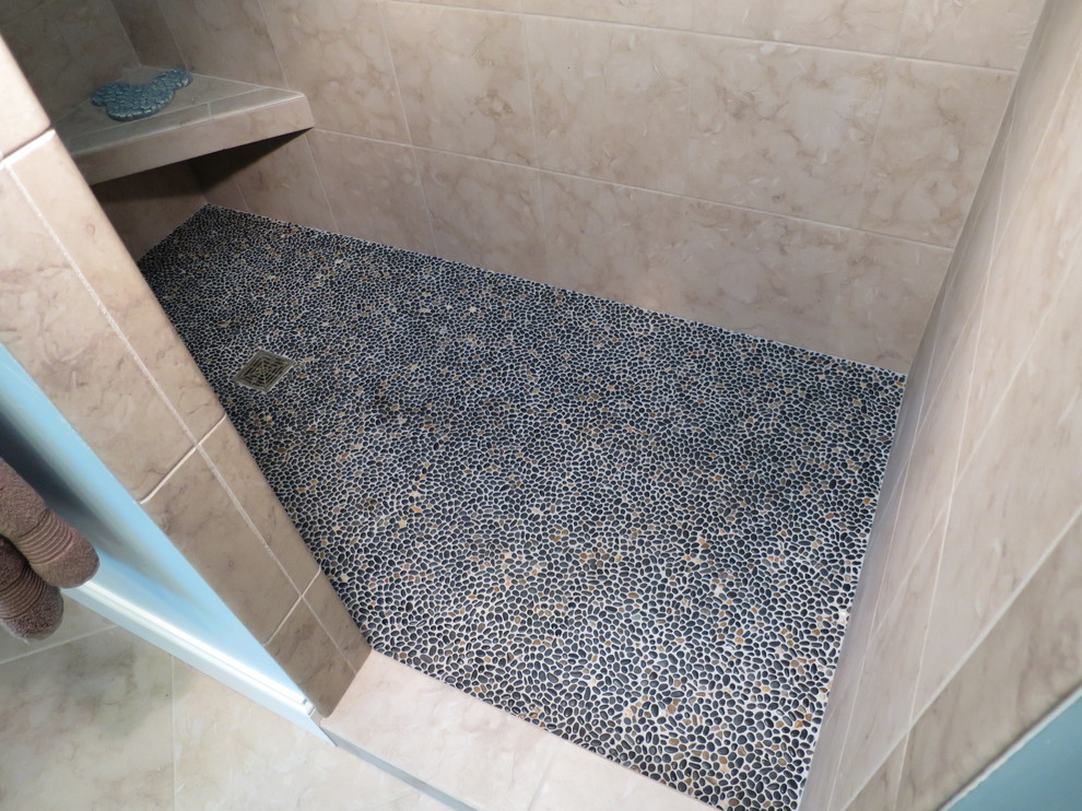 Example of a large transitional master multicolored tile and pebble tile pebble tile floor home design design