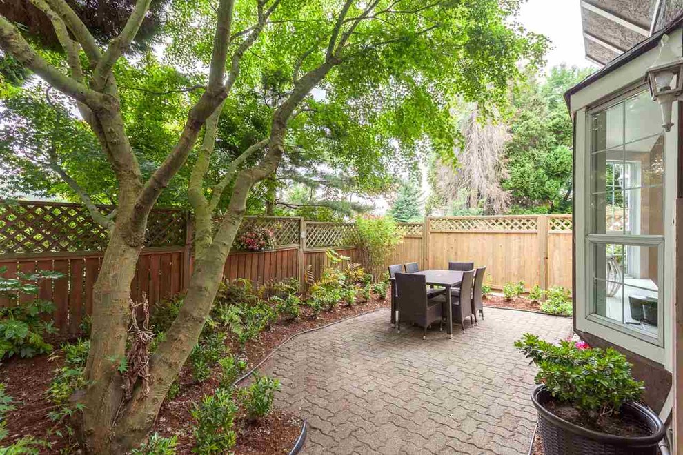 Design ideas for a mid-sized contemporary backyard patio in Vancouver with brick pavers and no cover.