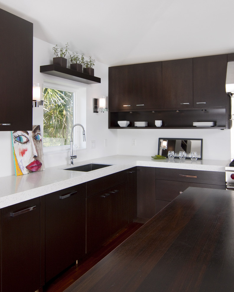 This is an example of a contemporary kitchen in Other with solid surface benchtops, an undermount sink, flat-panel cabinets and dark wood cabinets.