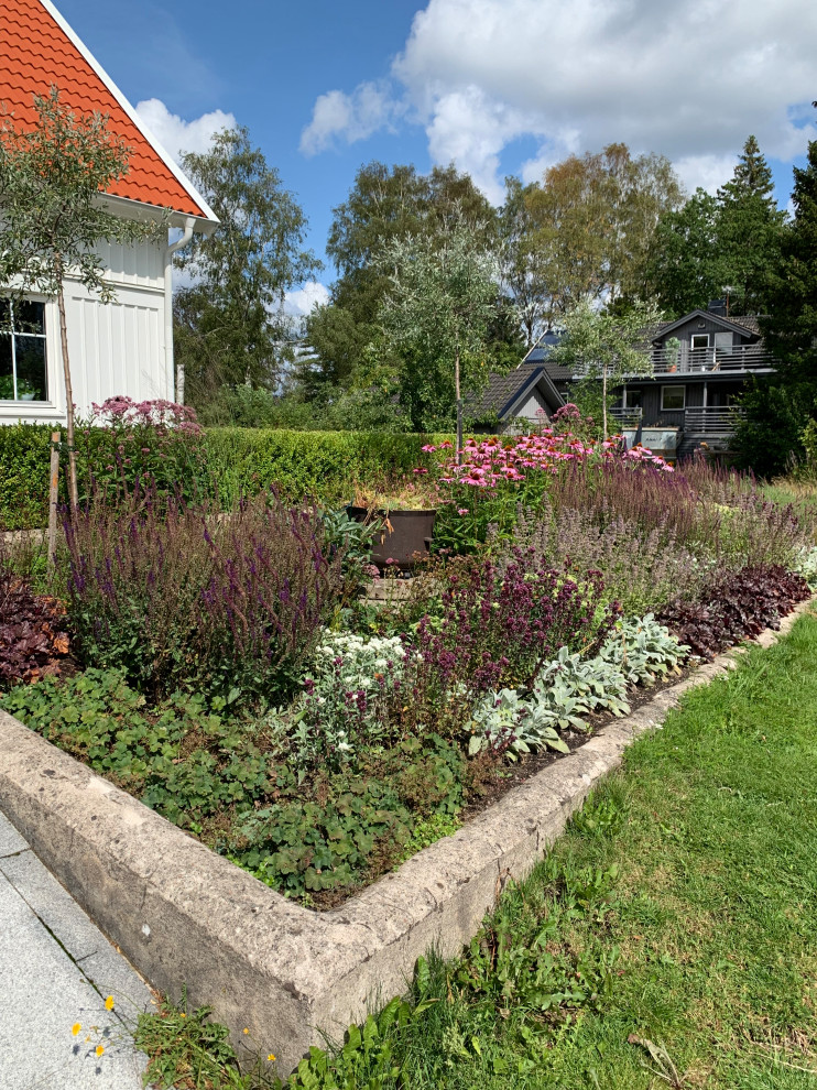 Exempel på en liten klassisk trädgård i full sol blomsterrabatt och framför huset på hösten