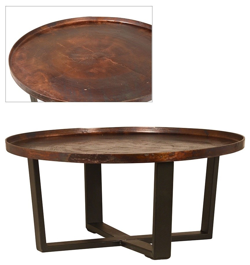 39"Dia. Linda Coffee Table Black Iron X Base Aluminum Top in Copper