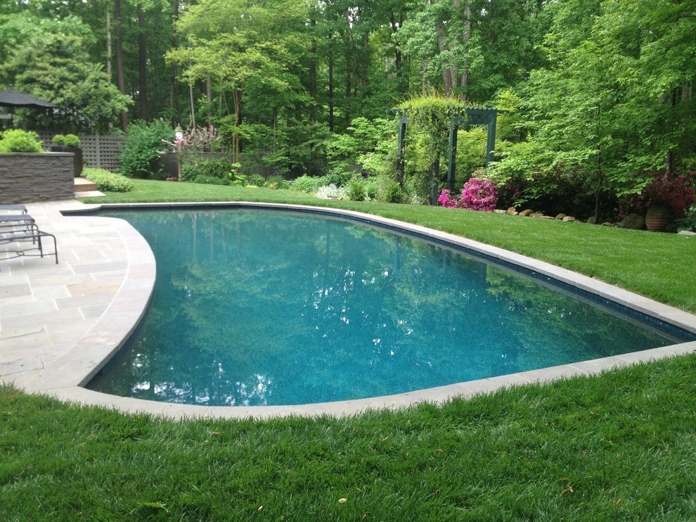 Inspiration for a mid-sized traditional backyard custom-shaped pool in Raleigh with natural stone pavers.
