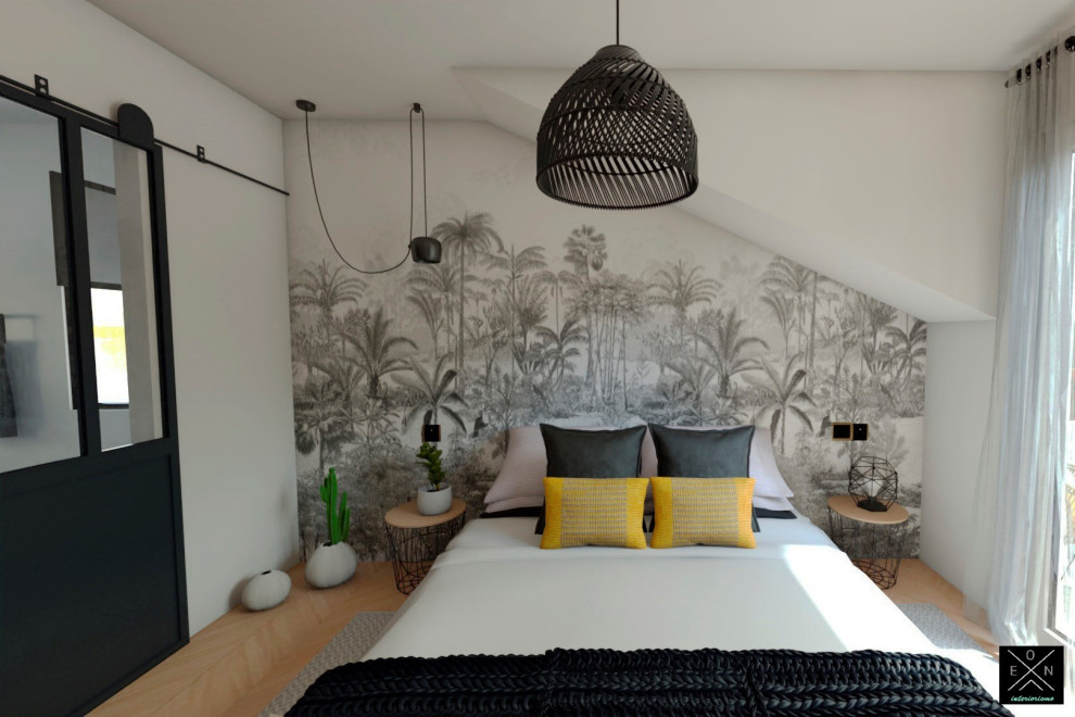На фото: маленькая хозяйская спальня в современном стиле с паркетным полом среднего тона, горизонтальным камином, фасадом камина из кирпича и обоями на стенах для на участке и в саду