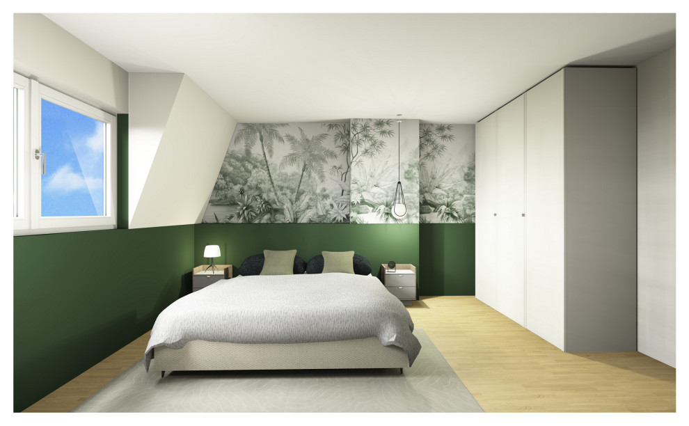 Ejemplo de dormitorio minimalista de tamaño medio con paredes verdes y ladrillo