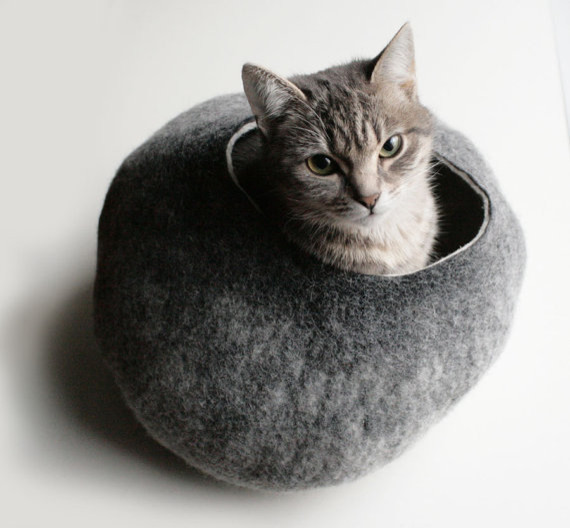 Warm Gray Stone Hand Felted Wool Cat Bed/Vessel by Vaiva Nat