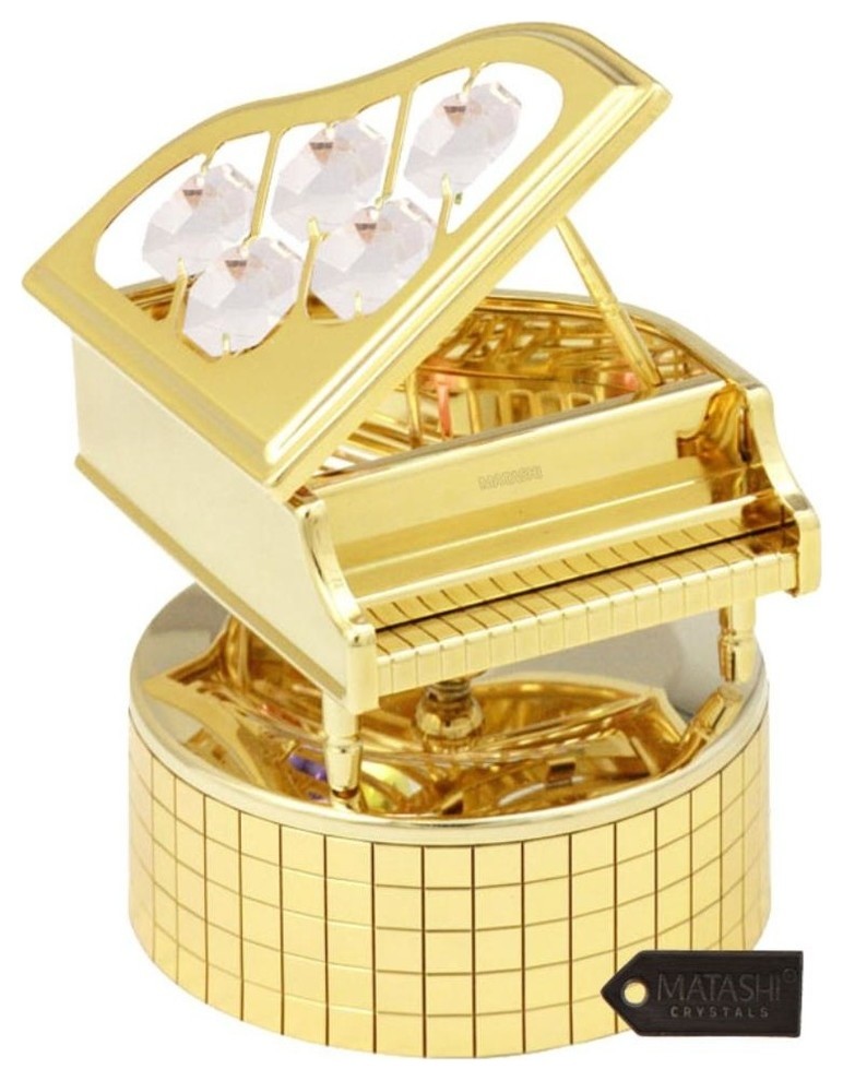 24K Gold Plated Wind Up Music Box With Crystal Studded Grand Piano