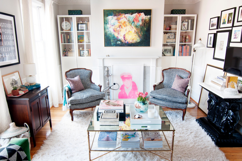 Example of a transitional living room design in Boston