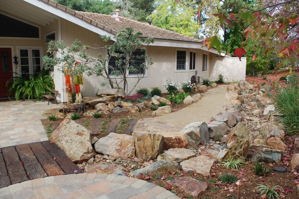 Inspiration for a mid-sized transitional side yard full sun xeriscape in San Diego with a water feature and natural stone pavers.