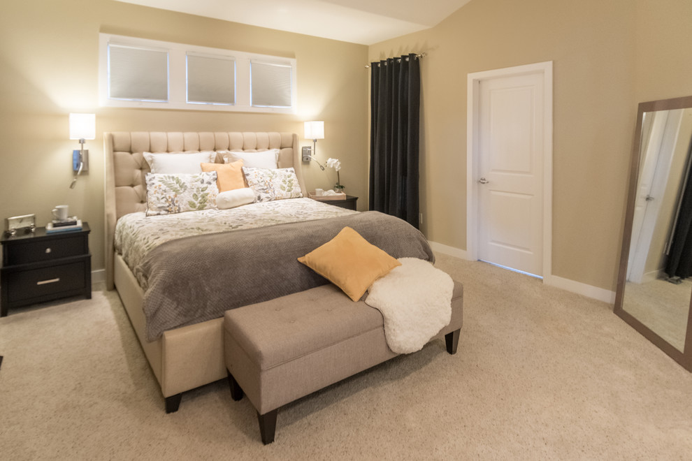 Photo of a large modern master bedroom in Other with beige walls, carpet and no fireplace.