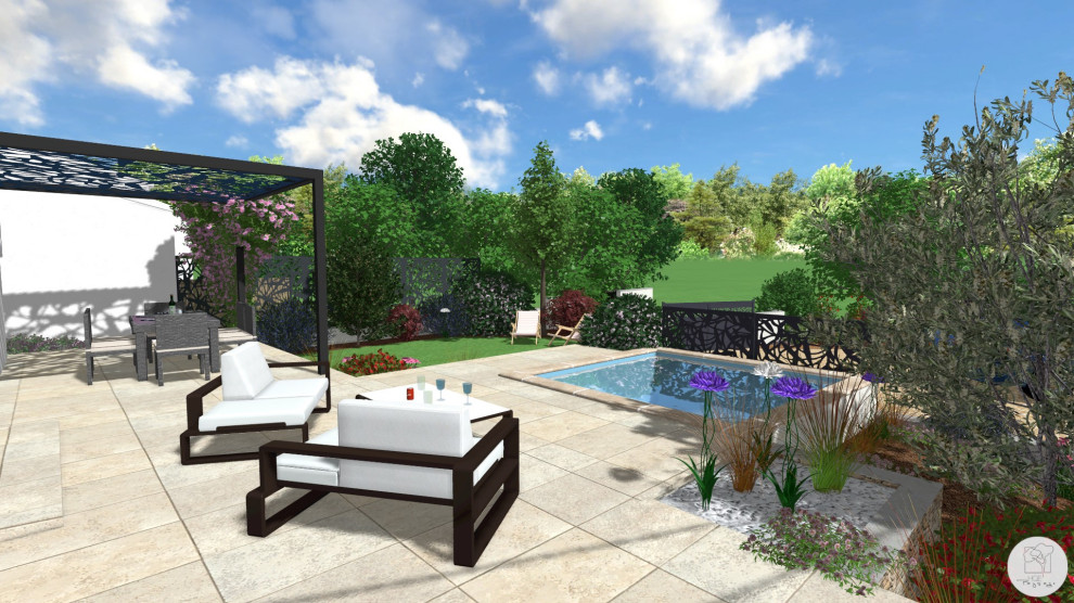 Idées déco pour un petit piscine avec aménagement paysager méditerranéen sur mesure avec une cour et des pavés en pierre naturelle.