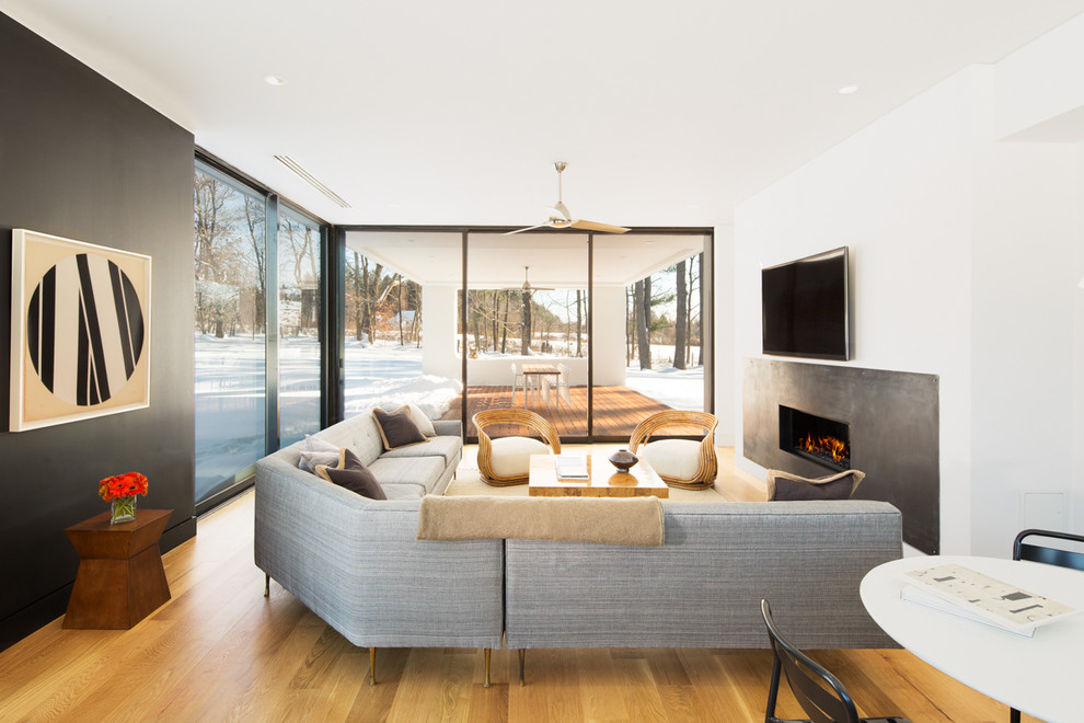 Inspiration for a modern living room remodel in Boston with a ribbon fireplace and a wall-mounted tv