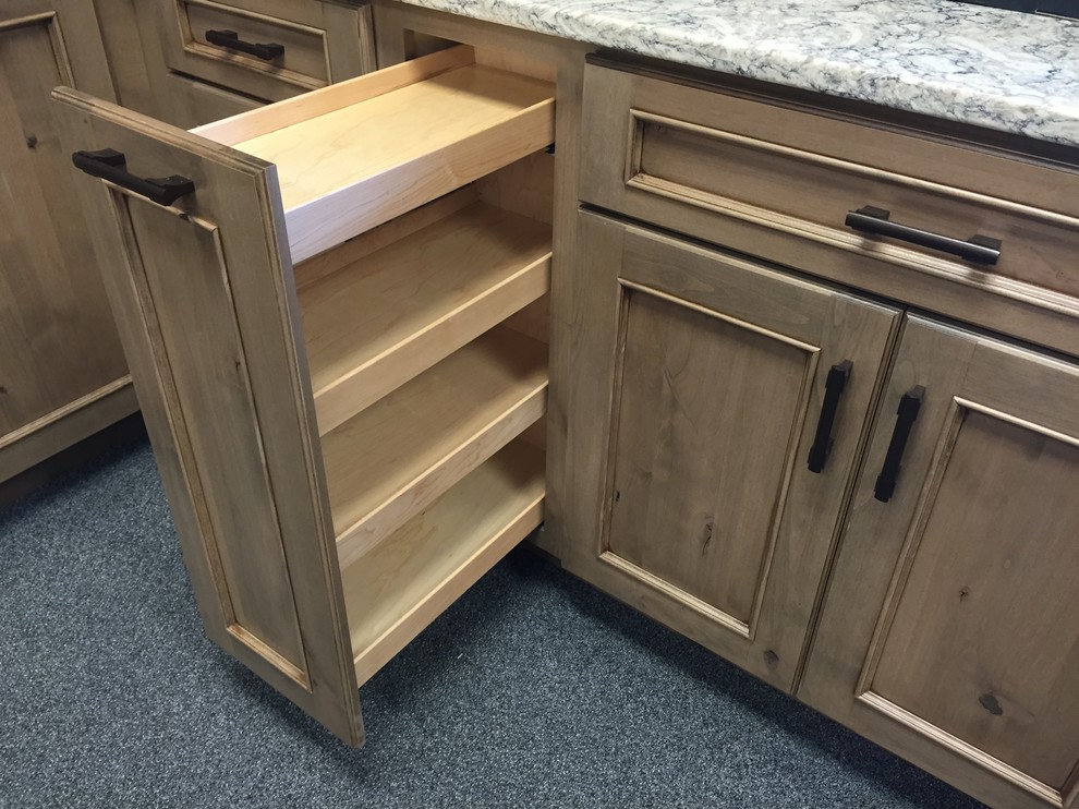 Inspiration for a small transitional l-shaped kitchen remodel with flat-panel cabinets