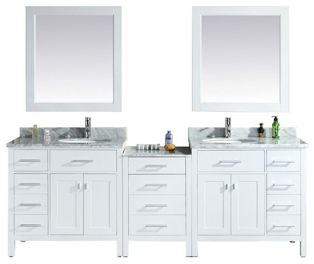 London 92" White Double Sink Vanity Set Transitional Bathroom