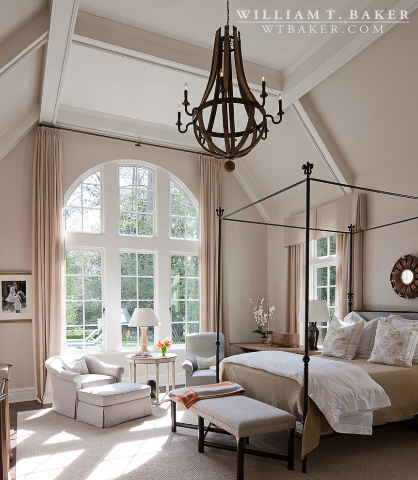 Large transitional master bedroom in Atlanta with white walls, dark hardwood floors and no fireplace.