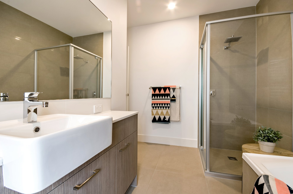 Design ideas for a large modern master bathroom in Sunshine Coast with medium wood cabinets, beige tile, ceramic tile, white walls, ceramic floors and engineered quartz benchtops.