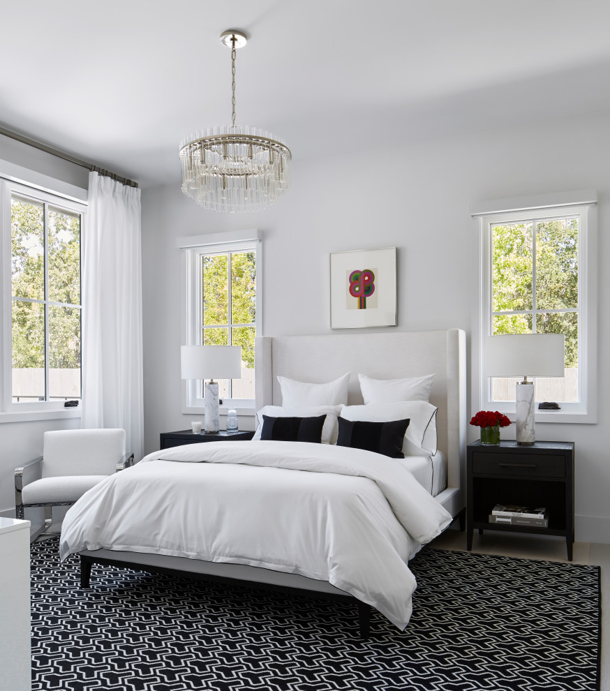 サンフランシスコにあるトランジショナルスタイルのおしゃれな寝室 (グレーと黒) のレイアウト