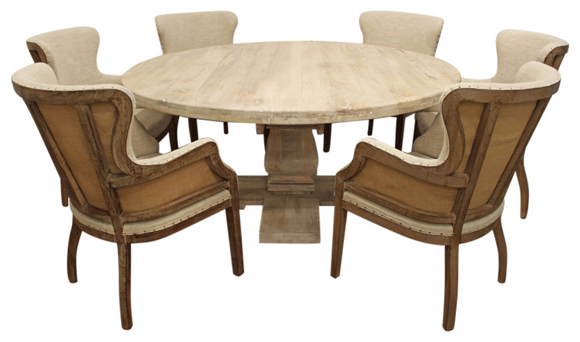 Benedict 7-Piece Dining Set, 70" Round Dining Table & 6 Phil Natural Armchairs