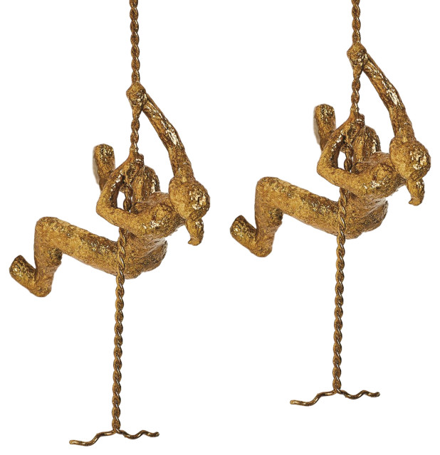 Gold Metal Climbing Woman Wall Sculptures, Set of 2 Contemporary