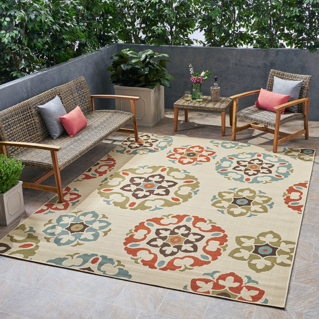 Viola Outdoor Medallion Area Rug, Ivory and Multi, 7'10"x10'