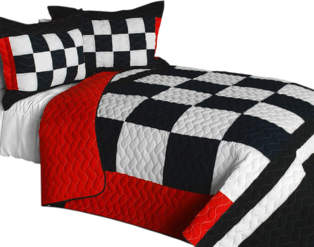 If Possible 3PC Cotton Vermicelli-Quilted Patchwork Plaid Quilt Set-Full/Queen S