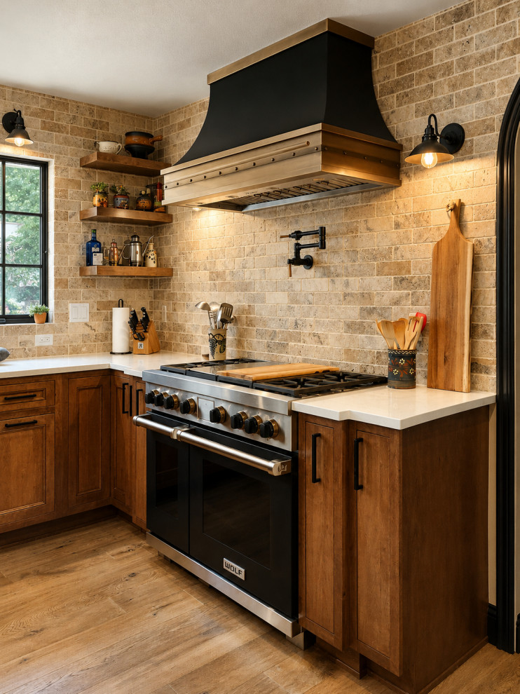 Inspiration for a transitional l-shaped eat-in kitchen remodel in Seattle with recessed-panel cabinets, medium tone wood cabinets and an island