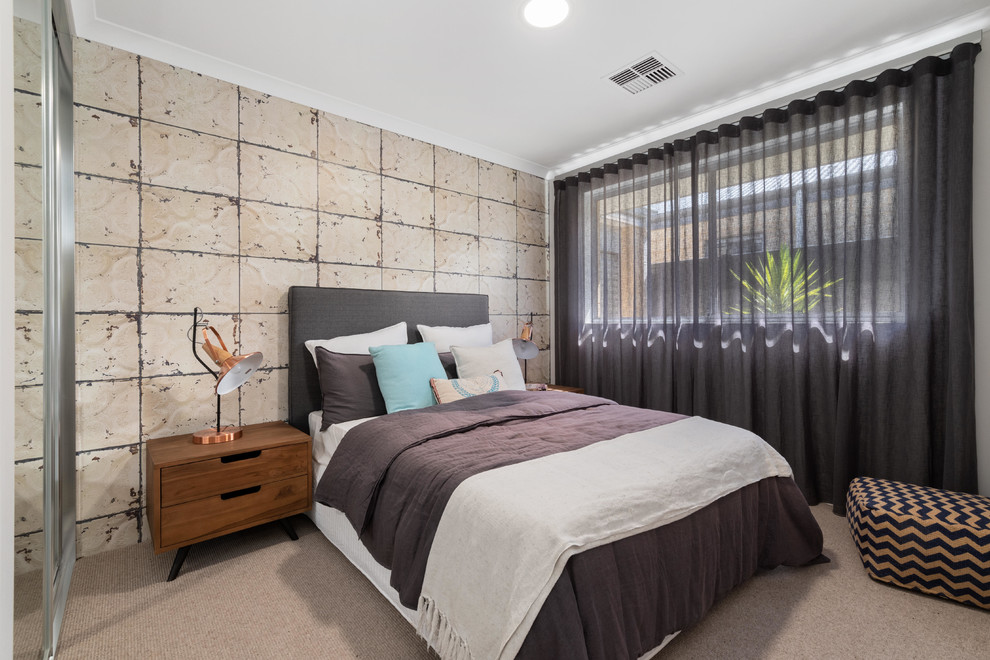 Contemporary bedroom in Perth with grey walls, carpet and beige floor.